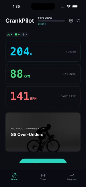 CrankPilot home dashboard with a Wahoo KICKR Core connected, showing live power and cadence