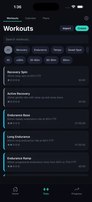 CrankPilot workout library filtered by category and duration