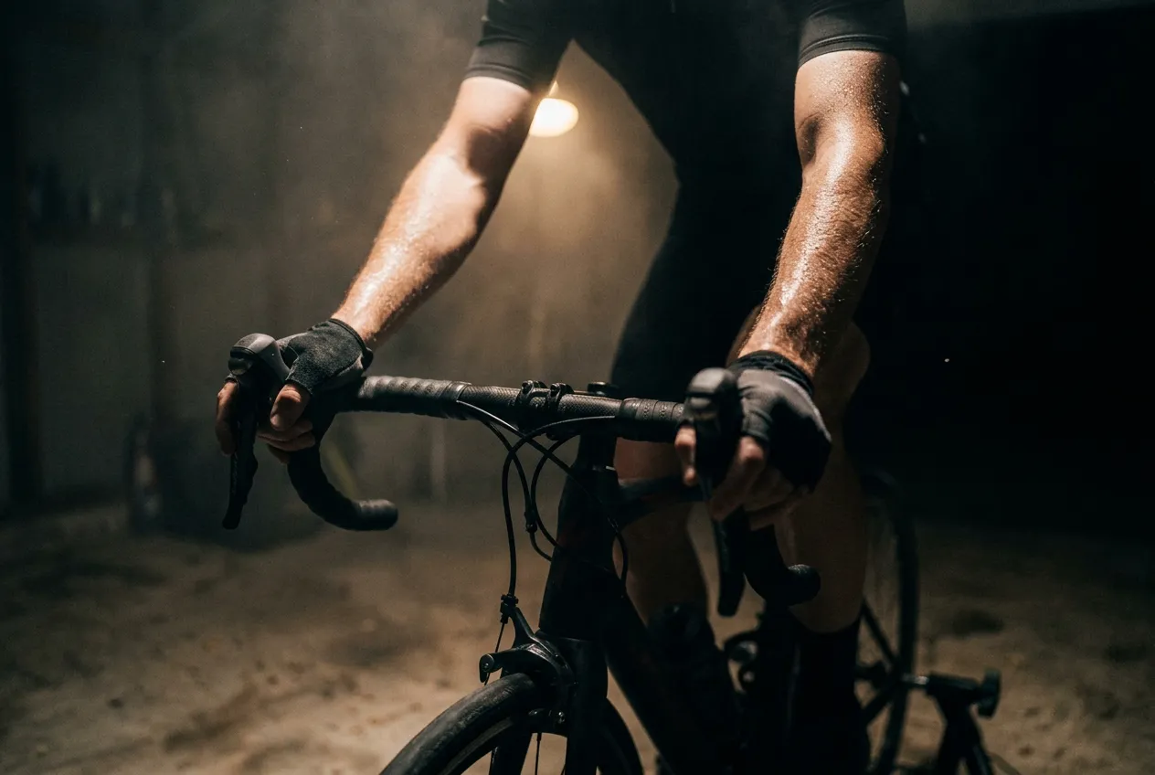 A rider's hands on the drops, gloves on, the lamp burning behind the handlebars.