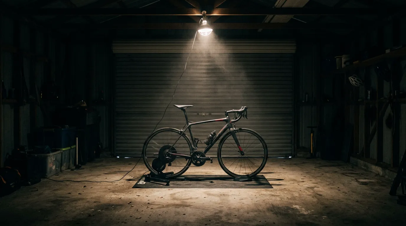 A road bike bolted to a turbo trainer in a domestic garage before dawn, lit by a single work lamp hanging from the rafters.